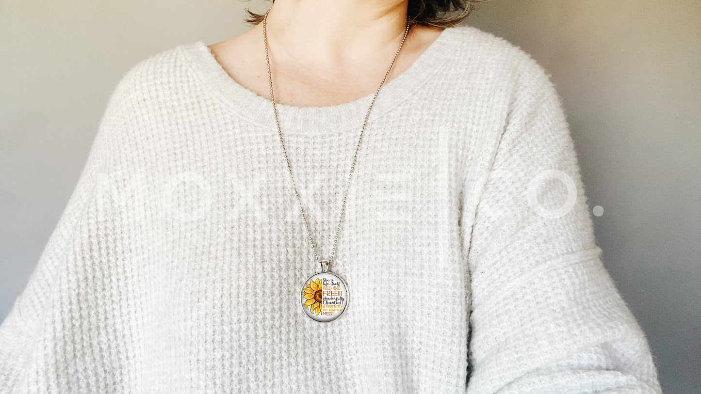 Sunflower Wild and Free Quote Mental Health Anxiety Depression ADHD Awareness Pendant Necklace Jewelry // Gifts for Her // Keychain