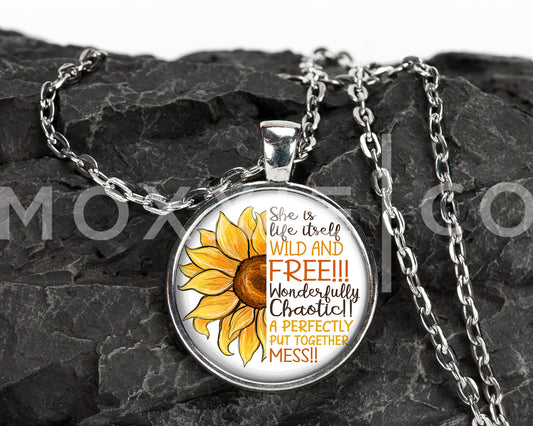 Sunflower Wild and Free Quote Mental Health Anxiety Depression ADHD Awareness Pendant Necklace Jewelry // Gifts for Her // Keychain