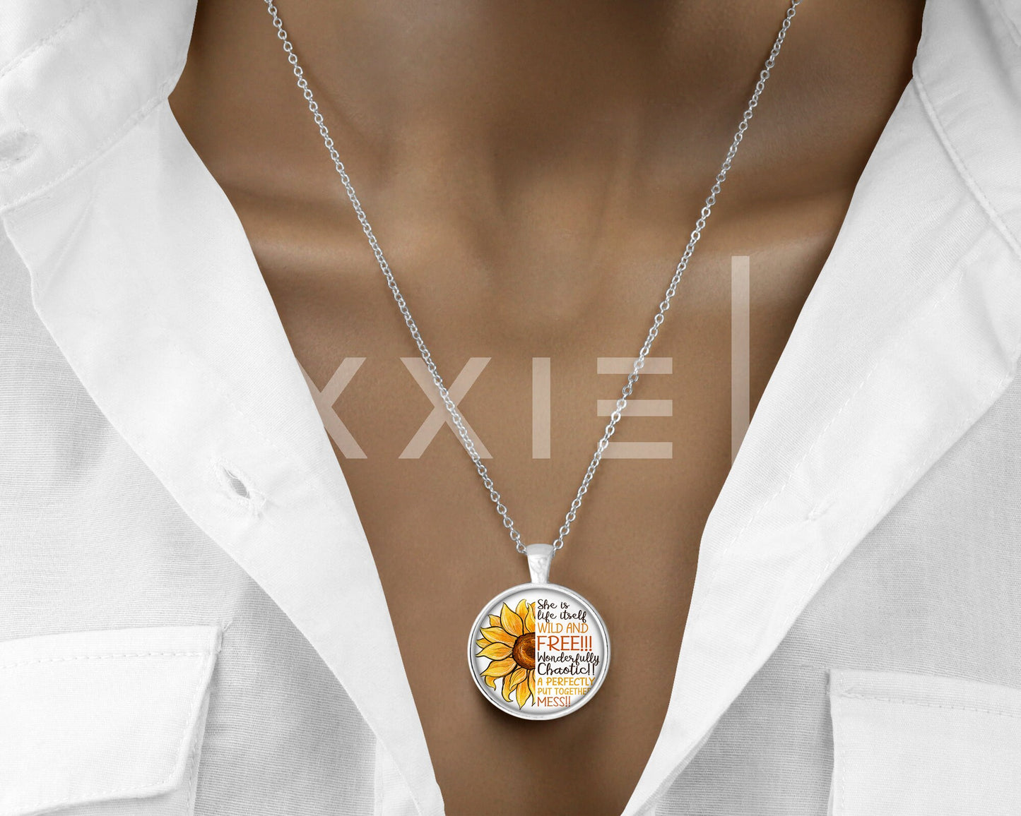 Sunflower Wild and Free Quote Mental Health Anxiety Depression ADHD Awareness Pendant Necklace Jewelry // Gifts for Her // Keychain
