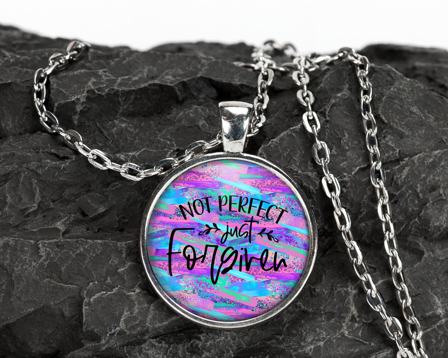 Not Perfect Just Forgiven Christian Religious Faith Scripture Pendant Necklace Jewelry // Gifts for Her // Best Friend Gift // Keychain