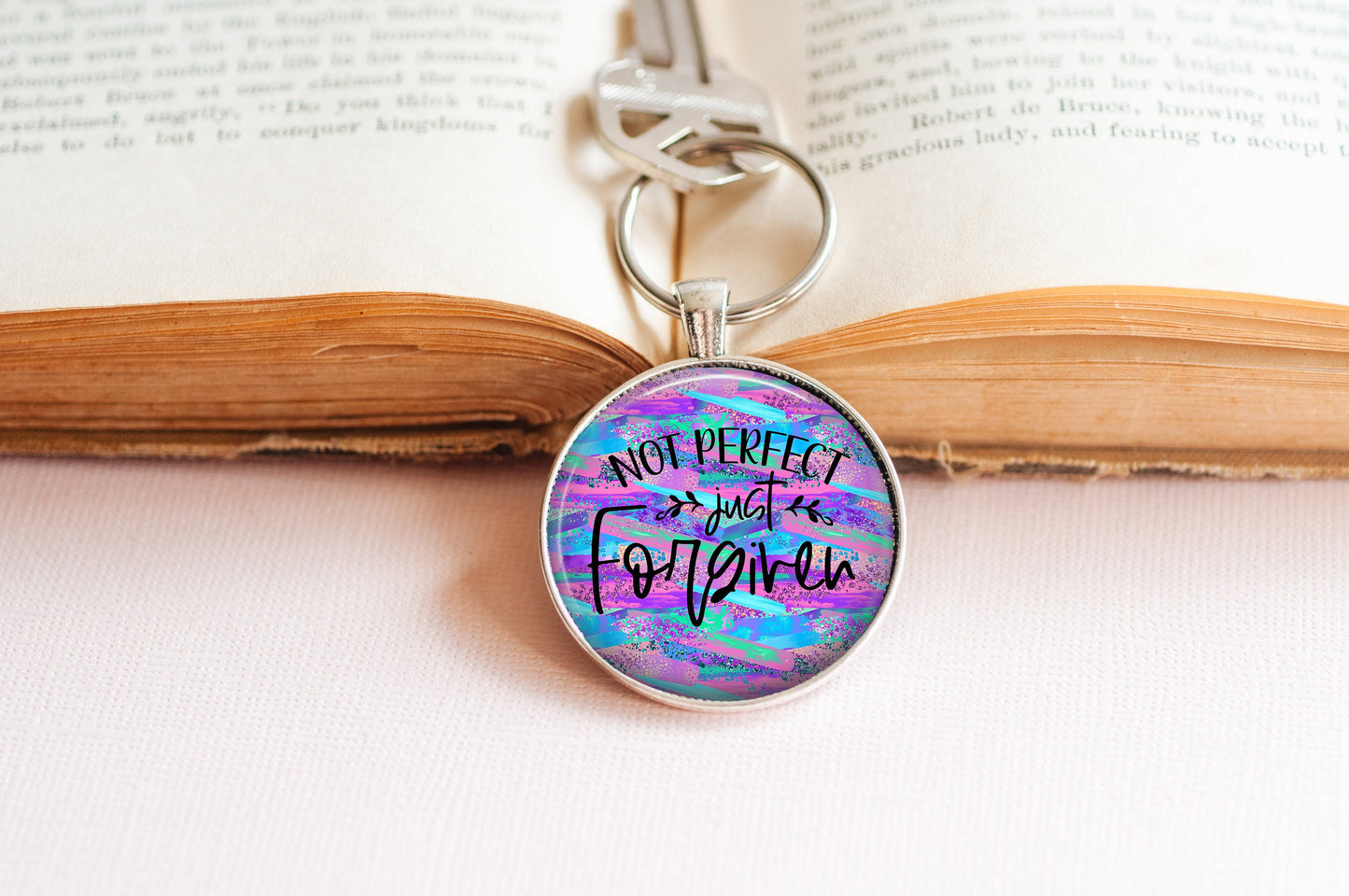 Not Perfect Just Forgiven Christian Religious Faith Scripture Pendant Necklace Jewelry // Gifts for Her // Best Friend Gift // Keychain